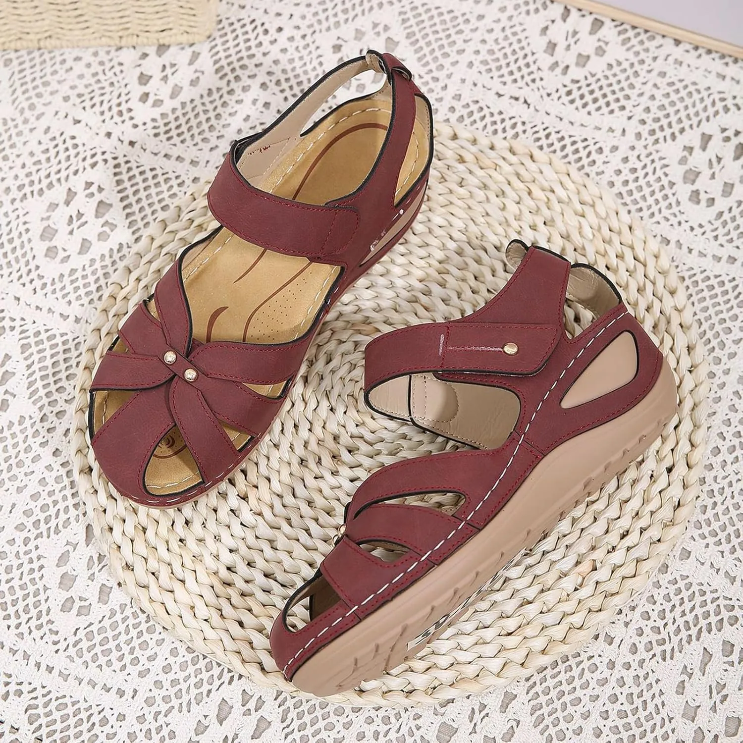 Orthopedic Sandals for Women Dressy Summer Ankle Strap Closed Toe Wedge Platform Sandals Comfortable Casual Hollow Out Shoes with Arch Support Lightweight Bohemia Outdoor Shoes