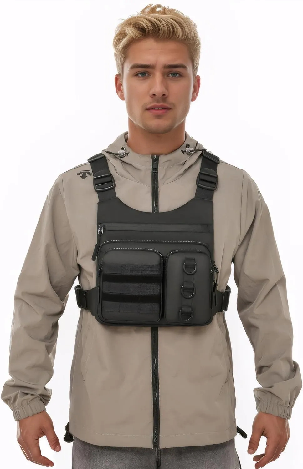 Outdoor Chest Bag for Men, Lightweight Running Vest with Water Bottle Pocket, EDC Chest Pack for Hiking, Cycling