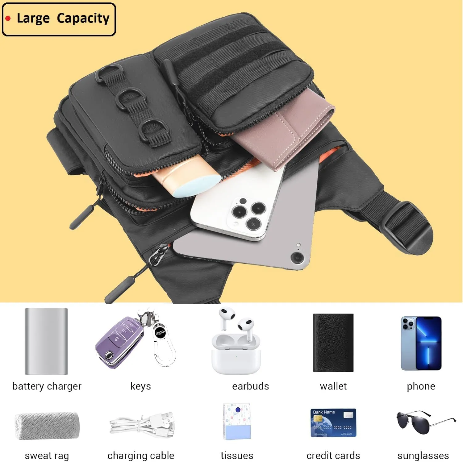 Outdoor Chest Bag for Men, Lightweight Running Vest with Water Bottle Pocket, EDC Chest Pack for Hiking, Cycling