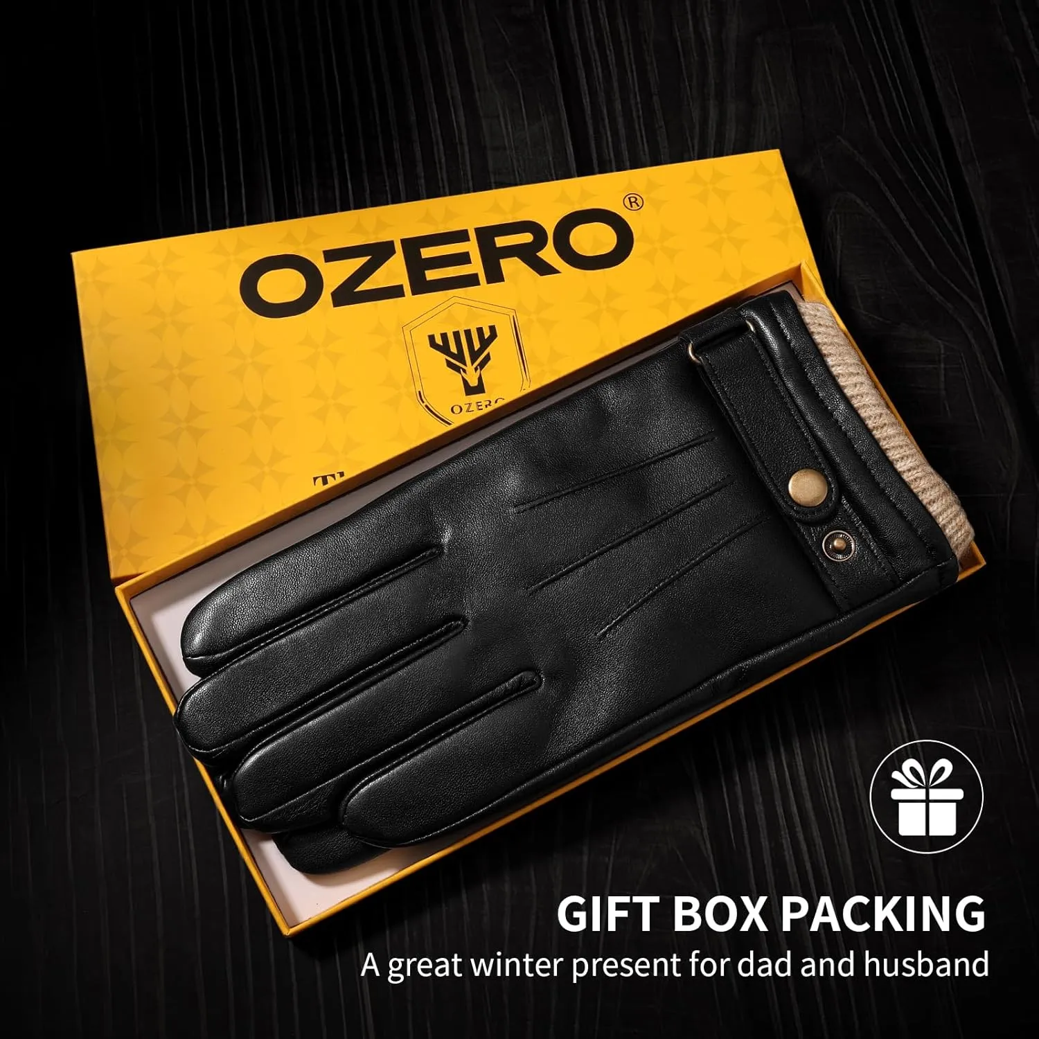 OZERO Mens Winter Gloves Nappa Leather Warm Wool Touchscreen Dress Glove - Thermal Gifts for Dad or Husband