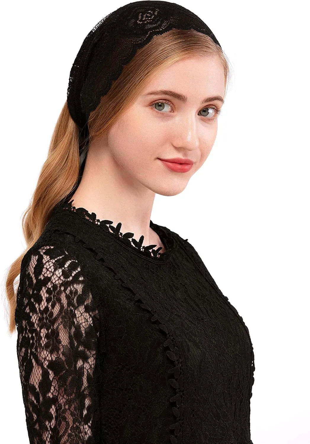 PAMOR Rose Lace Headband Kerchief Tie-style Floral Headwrap Latin Mass Head Covering Church Veil with Bobby Pins