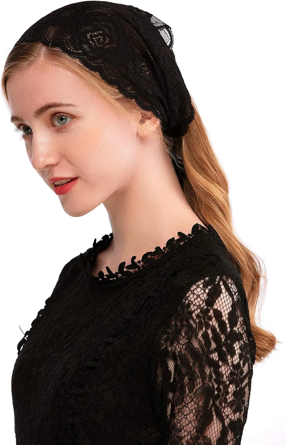 PAMOR Rose Lace Headband Kerchief Tie-style Floral Headwrap Latin Mass Head Covering Church Veil with Bobby Pins