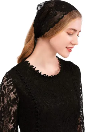 PAMOR Rose Lace Headband Kerchief Tie-style Floral Headwrap Latin Mass Head Covering Church Veil with Bobby Pins