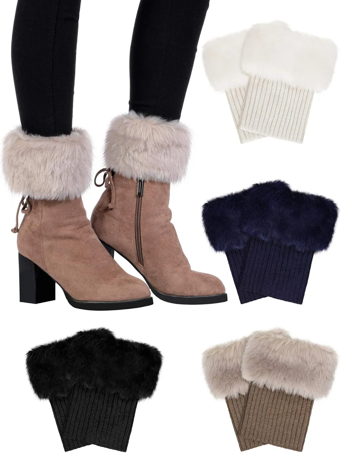 Pangda 4 Pairs Women Faux Fur Leg Warmers for Winter - Furry Fuzzy Knitted Boot Socks