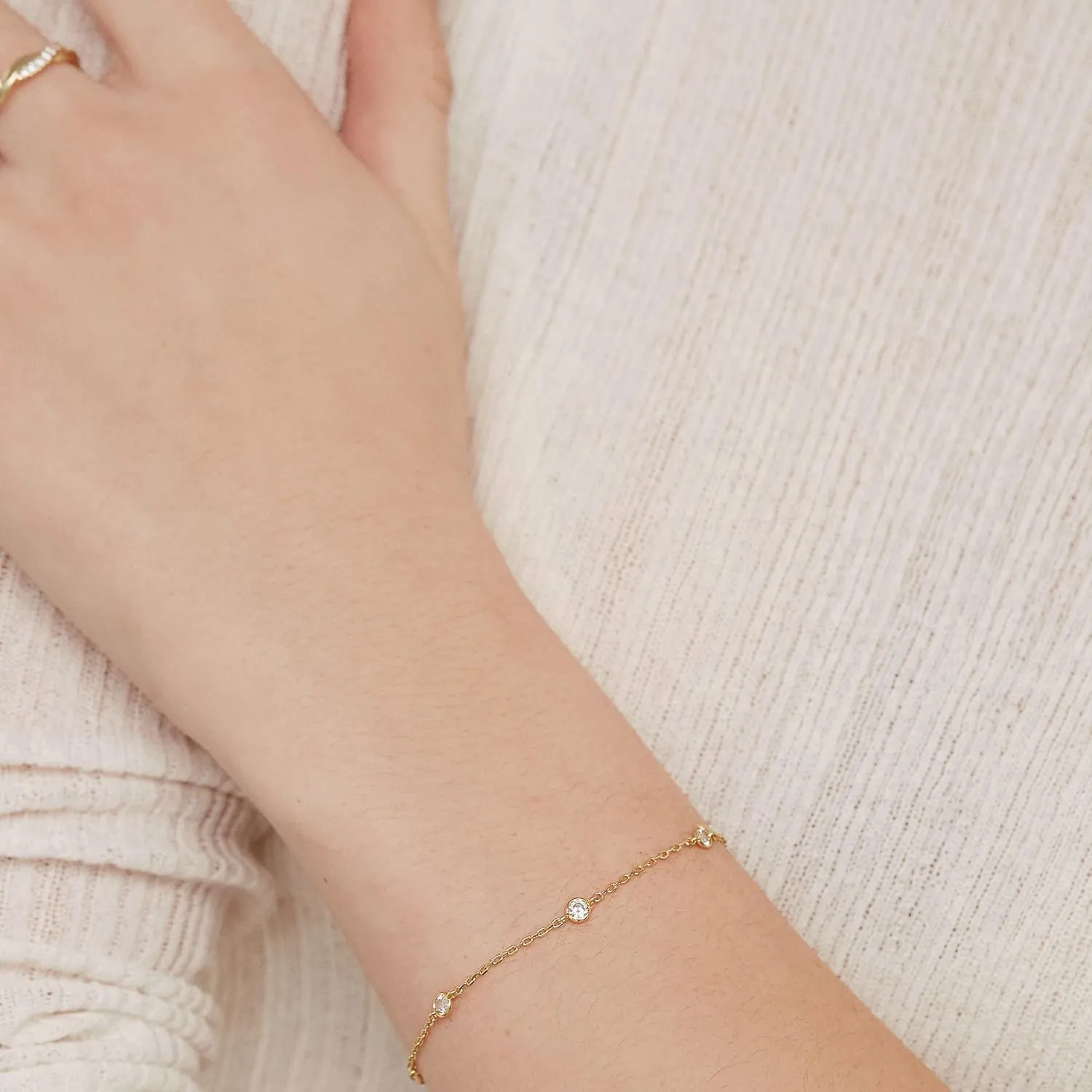 PAVOI 14K Gold Plated Beaded Cuban Cubic Zirconia Simulated Diamond Station Infinity Chain Bracelets for Women | Adjustable Chain Bracelet