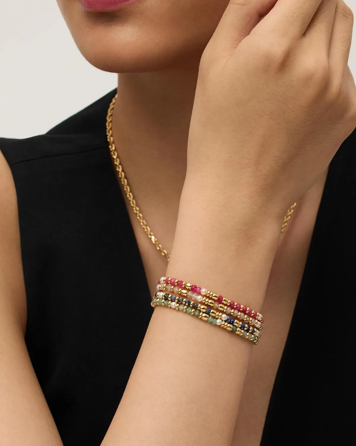 PAVOI 14K Yellow Gold Plated Beaded Enamel and Gemstones Bracelets for Women | Colored Boho Festival Adjustable Slider Bracelet | Freshwater Pearls Rose Jade Amazonite Sodalite Labradorite Beads