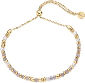 PAVOI 14K Yellow Gold Plated Beaded Enamel and Gemstones Bracelets for Women | Colored Boho Festival Adjustable Slider Bracelet | Freshwater Pearls Rose Jade Amazonite Sodalite Labradorite Beads