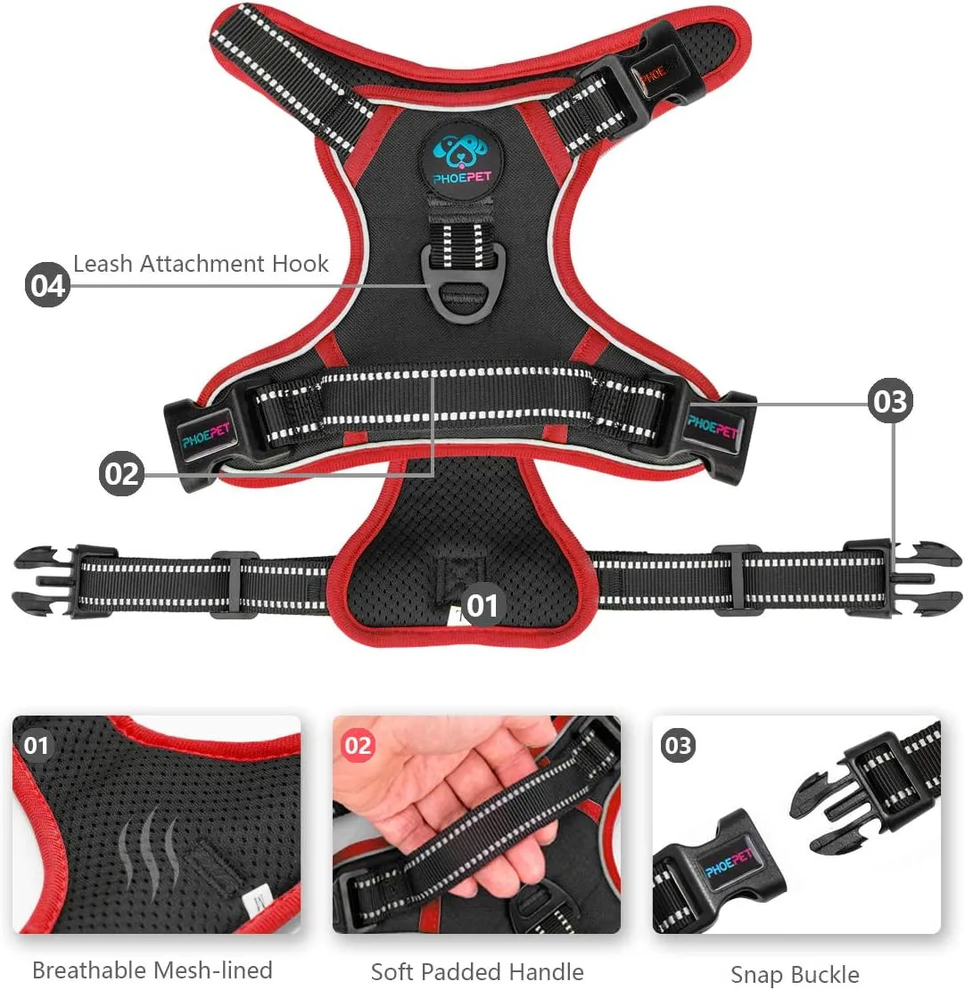 PHOEPET 2019 Upgraded No Pull Dog Harness, Reflective Adjustable Vest, with a Training Handle   2 Metal Leash Hooks  3 Snap Buckles  4 Slide Buckles(L, Black)