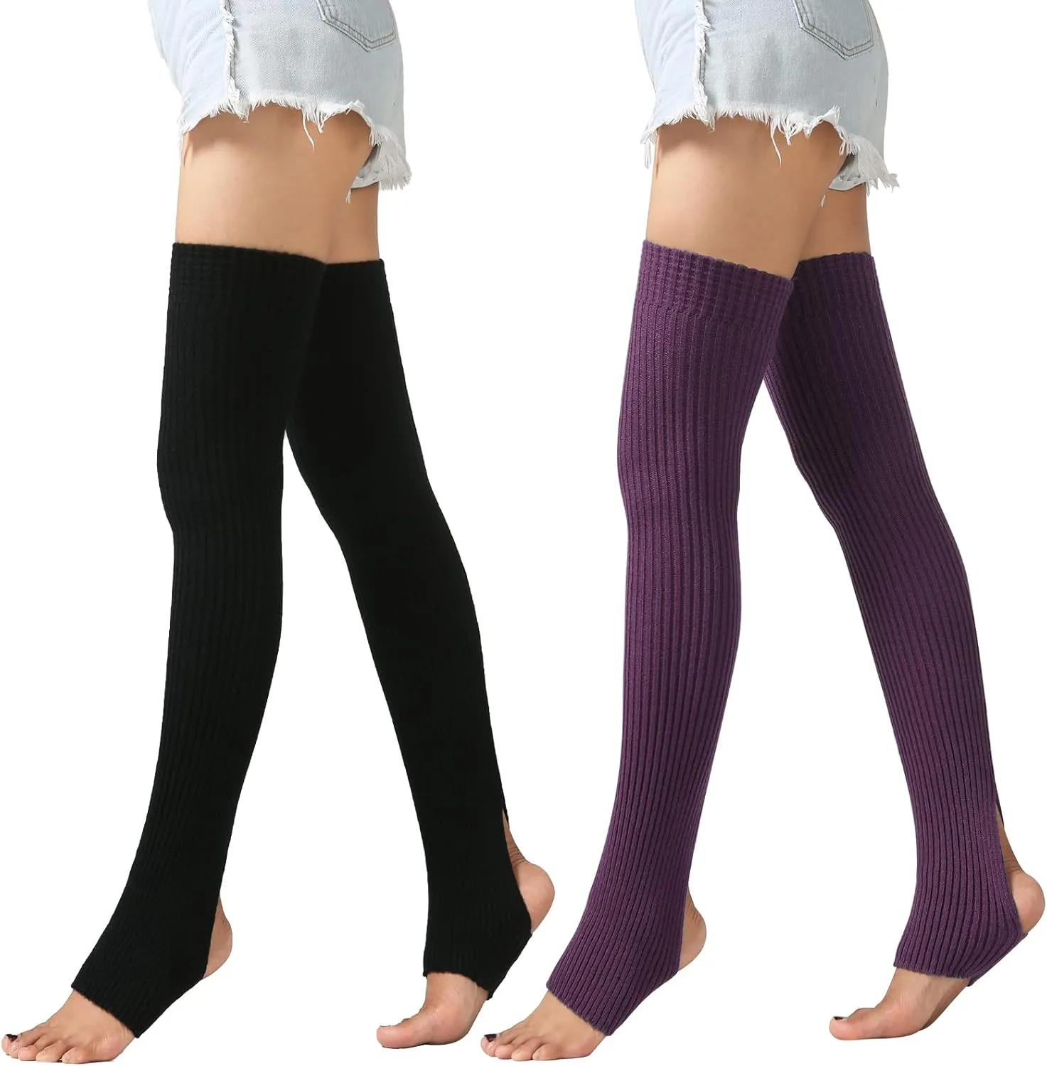 PHOGARY 2 Pairs Long Stretch Knitted Stirrup Dance Ballet Leg Warmers Thigh High Socks Over Knee Footless Socks for Women