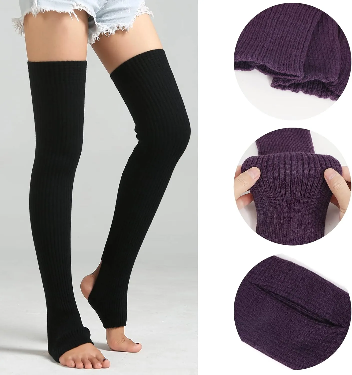 PHOGARY 2 Pairs Long Stretch Knitted Stirrup Dance Ballet Leg Warmers Thigh High Socks Over Knee Footless Socks for Women