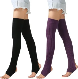 PHOGARY 2 Pairs Long Stretch Knitted Stirrup Dance Ballet Leg Warmers Thigh High Socks Over Knee Footless Socks for Women