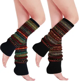 PHOGARY 2 Pairs Winter Leg Warmers, Bohemian Style Crochet Knitted Boot Socks for Girls - High Leg Warmers Boot Topper Socks - Gift for Girls (Black Navy)