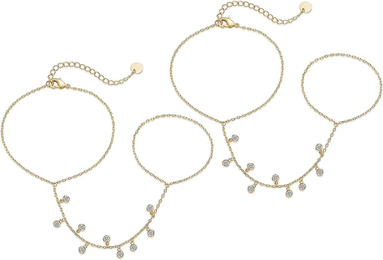 Qiansail 2Pcs Gold Plated Hand Chains Bracelet Adjustable Ring Hand Chain Minimalist Jewelry for Women (Gold)