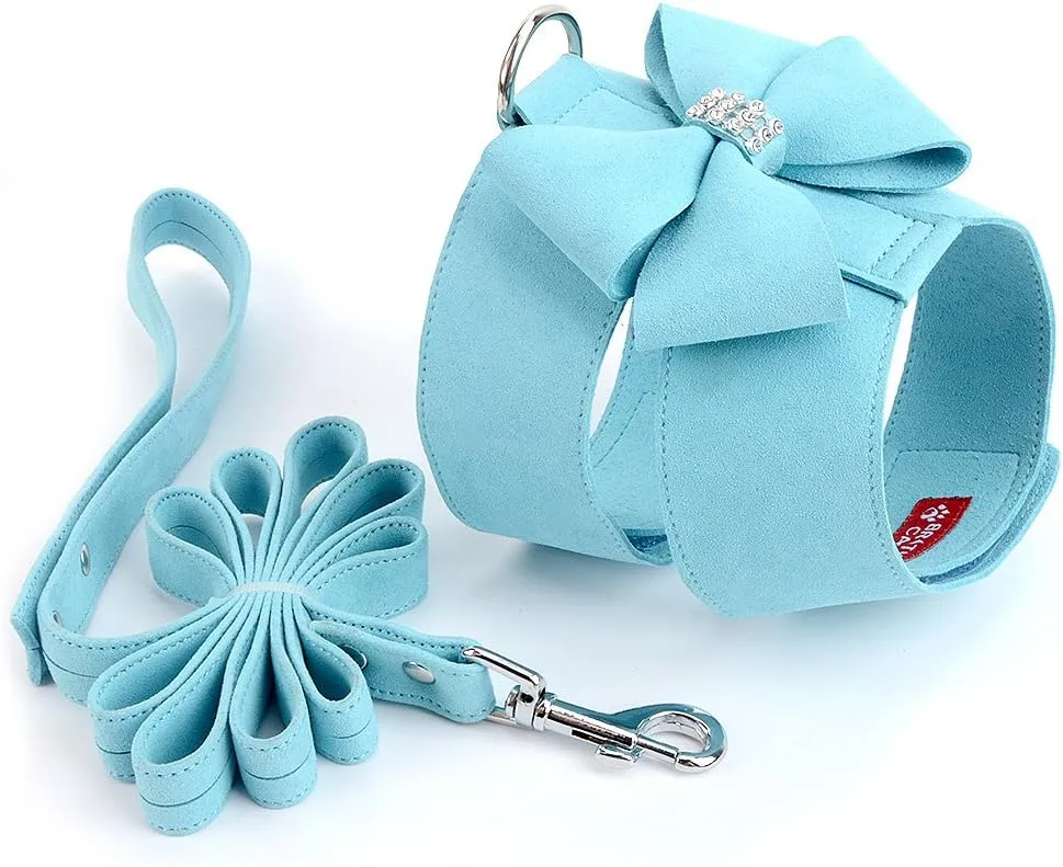 Ranphy Dog Harness and Matching Leash Set Girl Bling Rhinestone No-Pull Puppy Vest Doggie Cat Walking Training Harness Soft Suede Leather Collar Adjustable for Yorkie Chihuahua Small Pet Dog Blue M