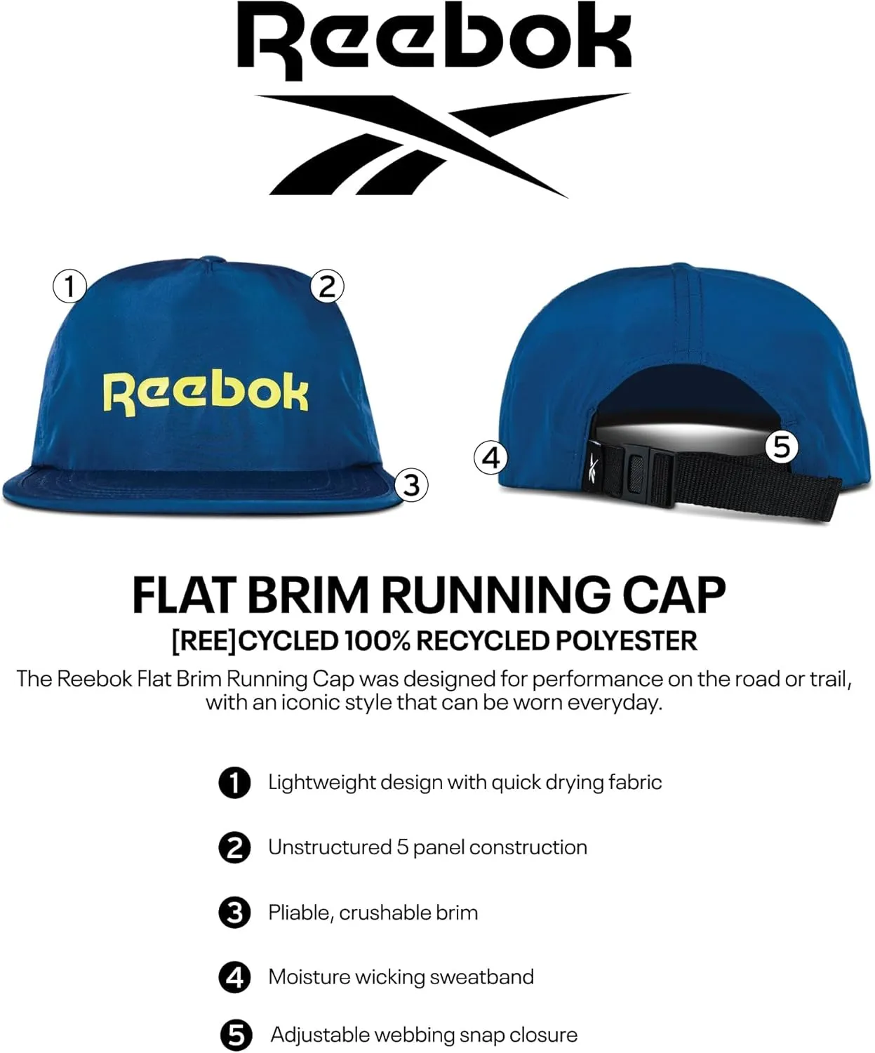 Reebok Running Hat | Performance | Athletic | Lightweight | Quick Drying | Sun Protection | Reflective | Recycled Materials