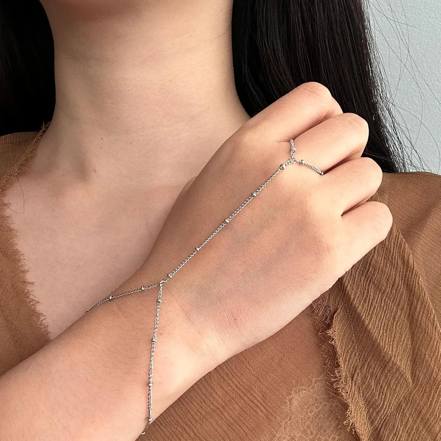 Ring Bracelet Hand Chain for Women Adjustable Stainless Steel Beaded chain Finger Ring Bracelet