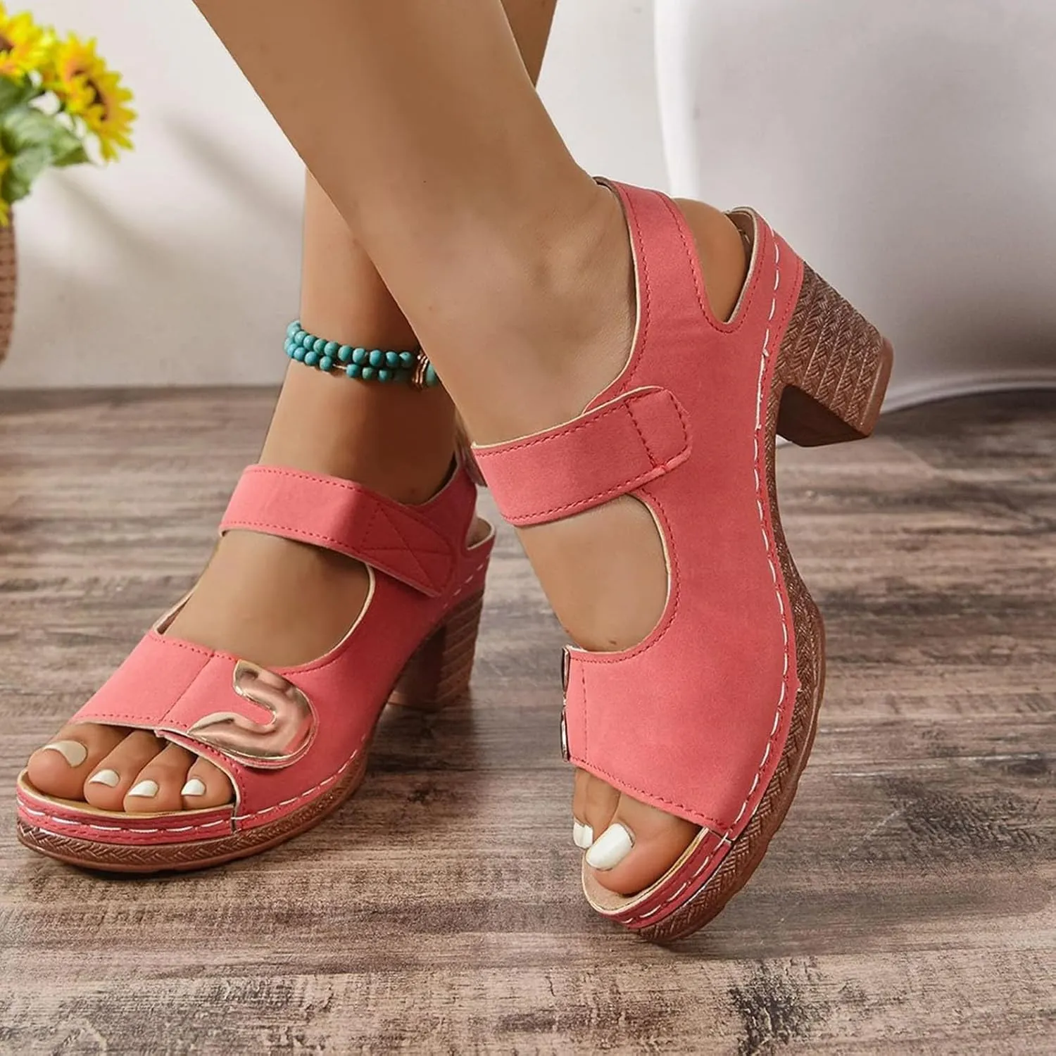 Sandals for Women 2025 Dressy Summer Chunky Heels Sandals Comfortable Orthopedic Walking Platform Sandal Casual Open Toe Slip-On Wedge Heel Dressy Ankle Strap Shoes with Arch Support