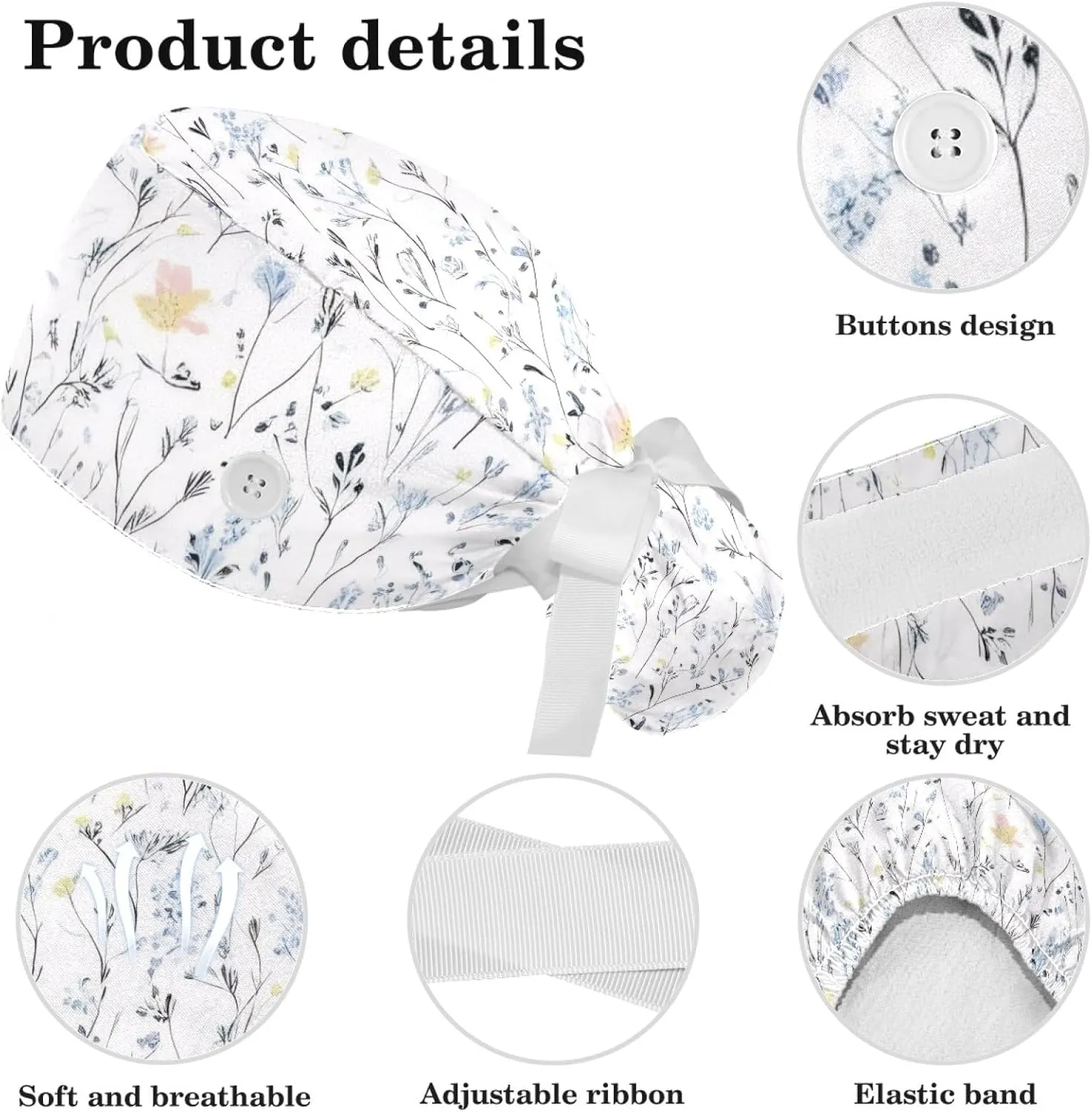 Scrub Caps Women, Ponytail Holder Surgical Cap with Hair Scrunchy