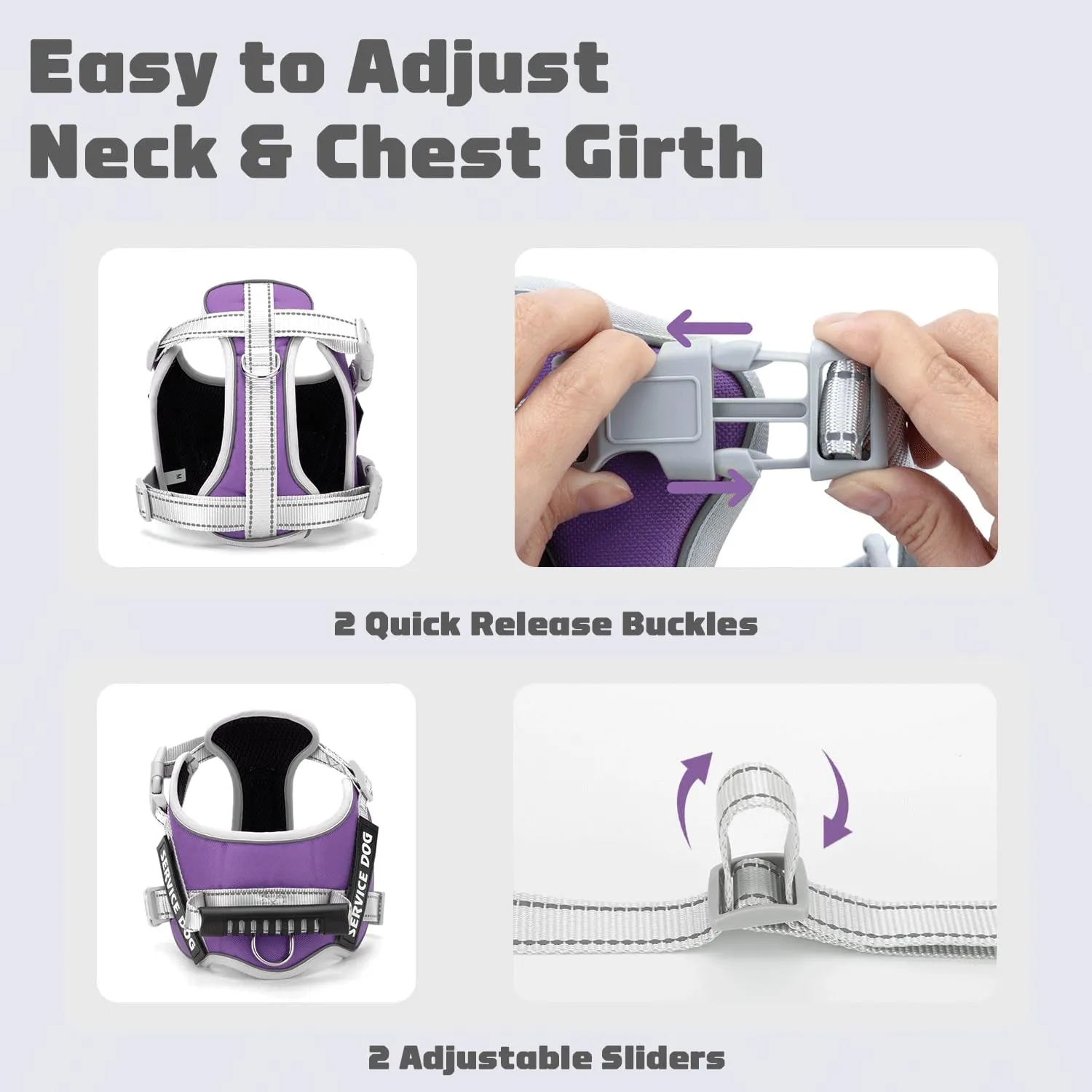Service Dog Vest Harness, No Pull in Trainning Dog Harnesses with Handle & 5ft Dog Leash, Adjustable and Reflective No Chock for Small Medum Large Pets Walking and Running(Purple, XL)