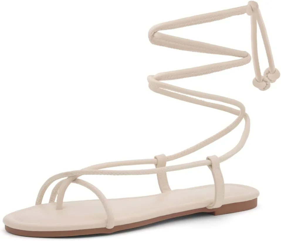 Shoe Land Womens Flat Sandals  Comfortable Lace-Up Gladiator Sandals with Adjustable Ankle Wrap | Strappy Crisscross Open Toe Tie-Up Shoes for Summer, Beach & Travel