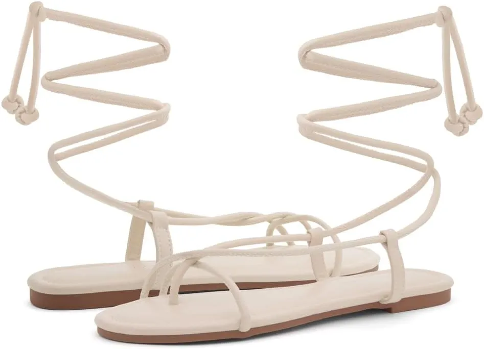 Shoe Land Womens Flat Sandals  Comfortable Lace-Up Gladiator Sandals with Adjustable Ankle Wrap | Strappy Crisscross Open Toe Tie-Up Shoes for Summer, Beach & Travel