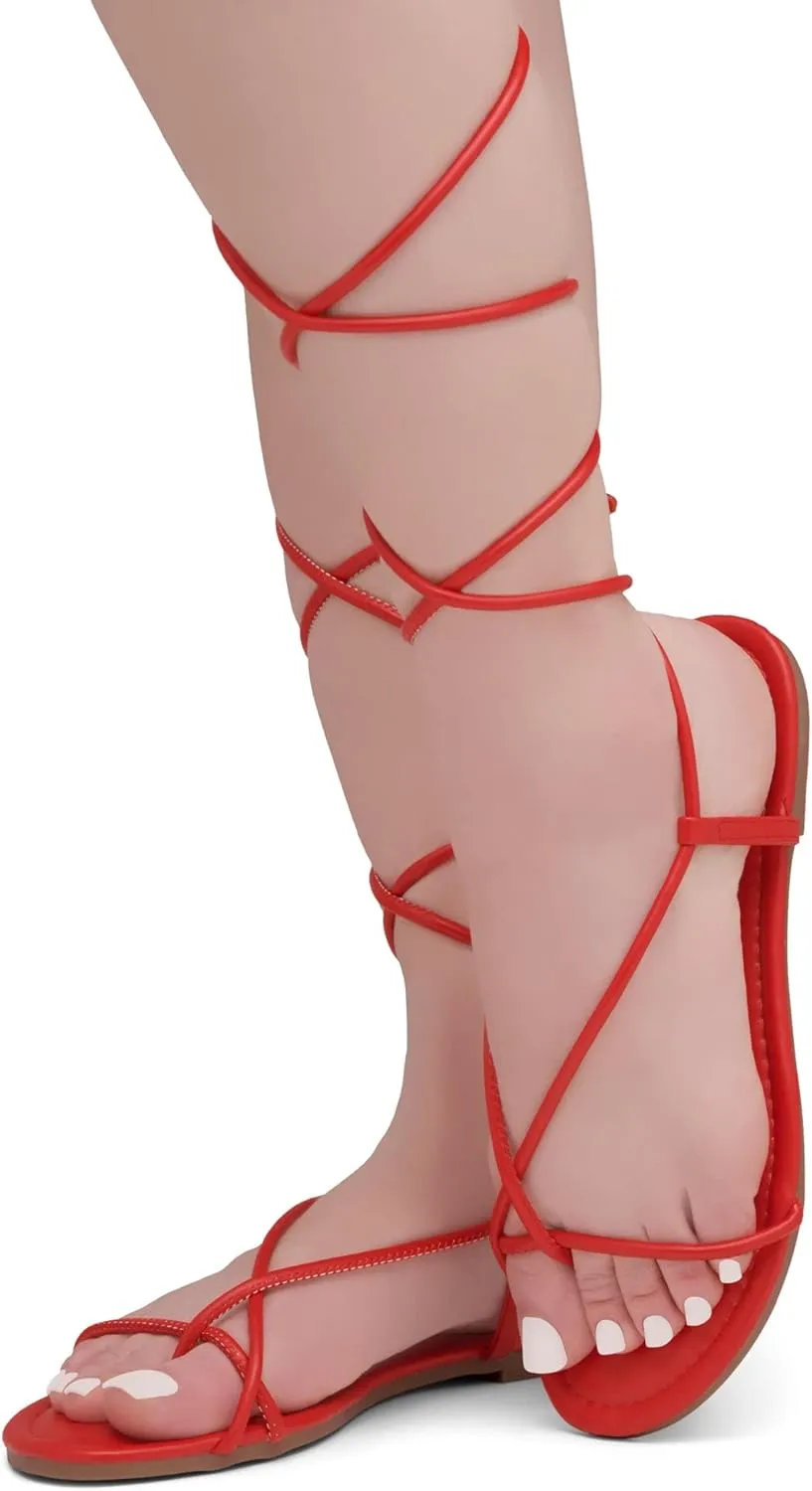 Shoe Land Womens Flat Sandals  Comfortable Lace-Up Gladiator Sandals with Adjustable Ankle Wrap | Strappy Crisscross Open Toe Tie-Up Shoes for Summer, Beach & Travel