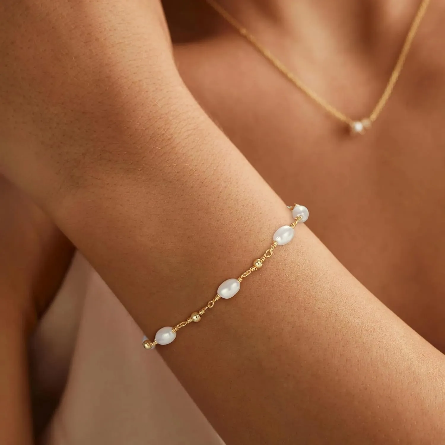 SLOONG Gold Bracelets for Women Trendy, 14K Real Gold Plated Dainty Stackable Pearl Snake Chain CZ Heart Pendant Bracelets, Layered Waterproof Jewelry Gift for Women Adjustable 6" 2"