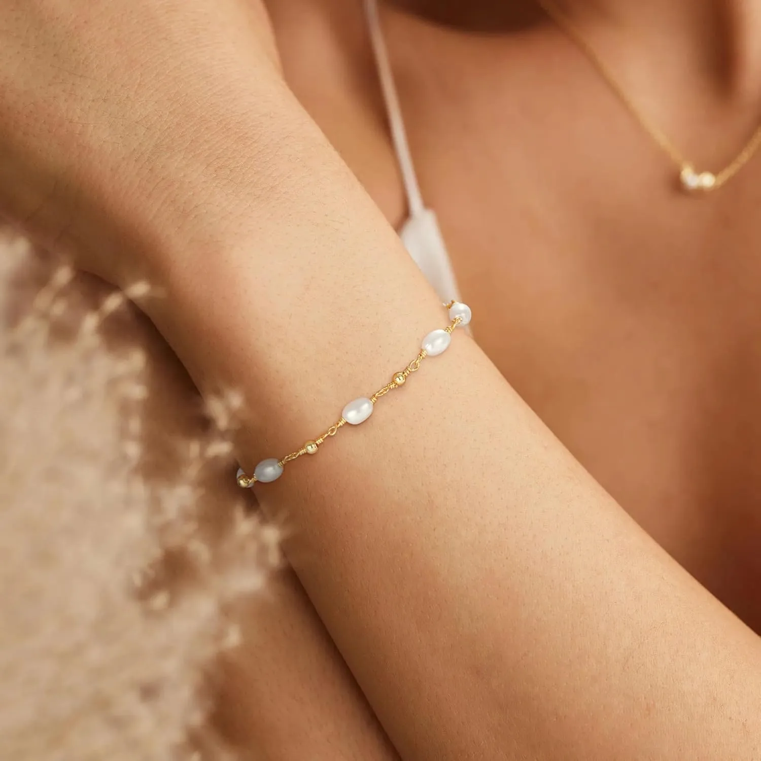 SLOONG Gold Bracelets for Women Trendy, 14K Real Gold Plated Dainty Stackable Pearl Snake Chain CZ Heart Pendant Bracelets, Layered Waterproof Jewelry Gift for Women Adjustable 6" 2"