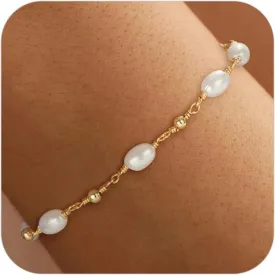SLOONG Gold Bracelets for Women Trendy, 14K Real Gold Plated Dainty Stackable Pearl Snake Chain CZ Heart Pendant Bracelets, Layered Waterproof Jewelry Gift for Women Adjustable 6" 2"