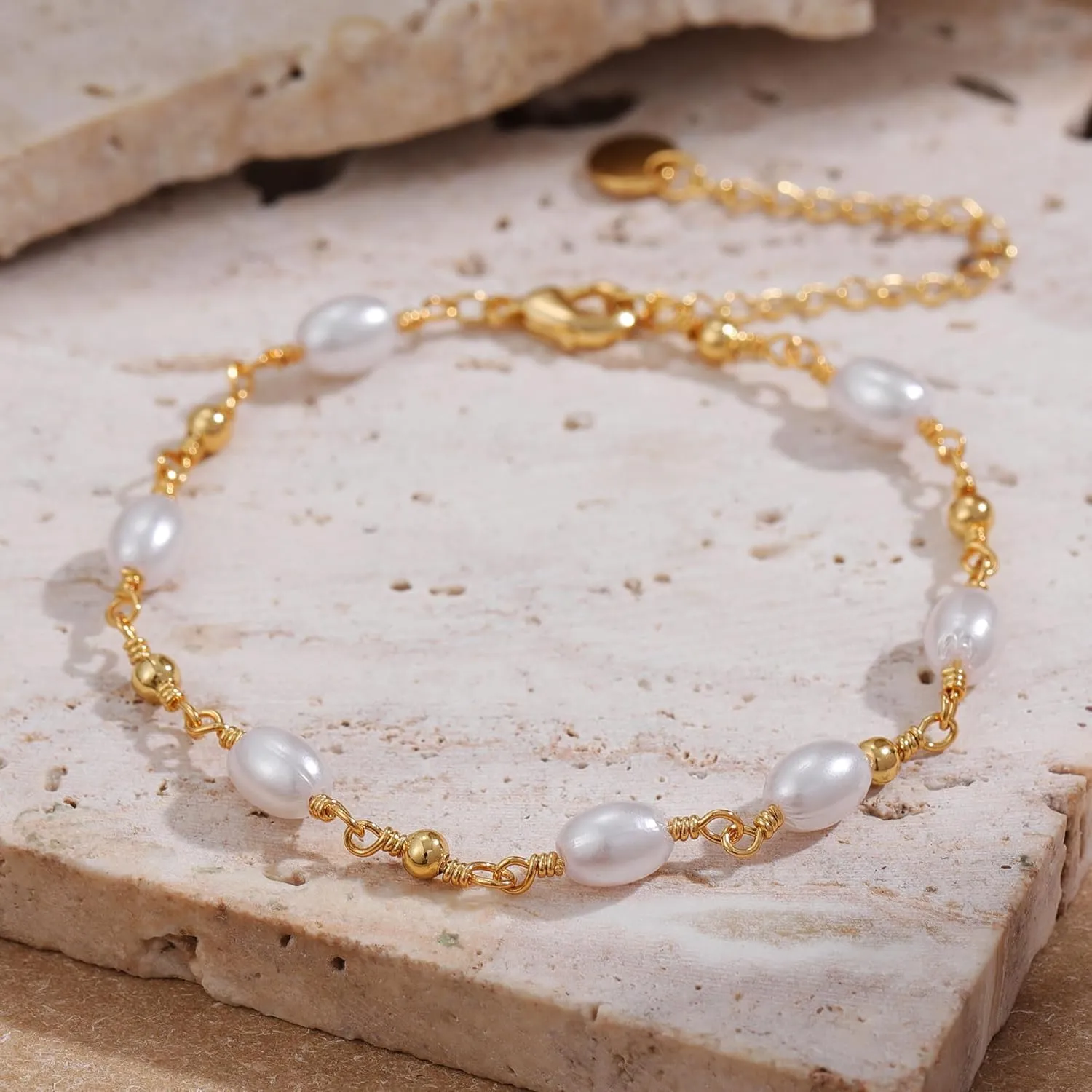 SLOONG Gold Bracelets for Women Trendy, 14K Real Gold Plated Dainty Stackable Pearl Snake Chain CZ Heart Pendant Bracelets, Layered Waterproof Jewelry Gift for Women Adjustable 6" 2"