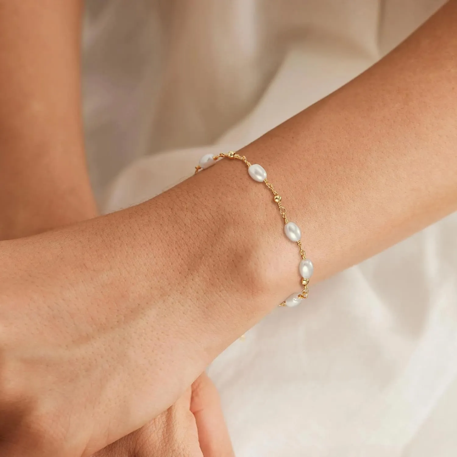 SLOONG Gold Bracelets for Women Trendy, 14K Real Gold Plated Dainty Stackable Pearl Snake Chain CZ Heart Pendant Bracelets, Layered Waterproof Jewelry Gift for Women Adjustable 6" 2"