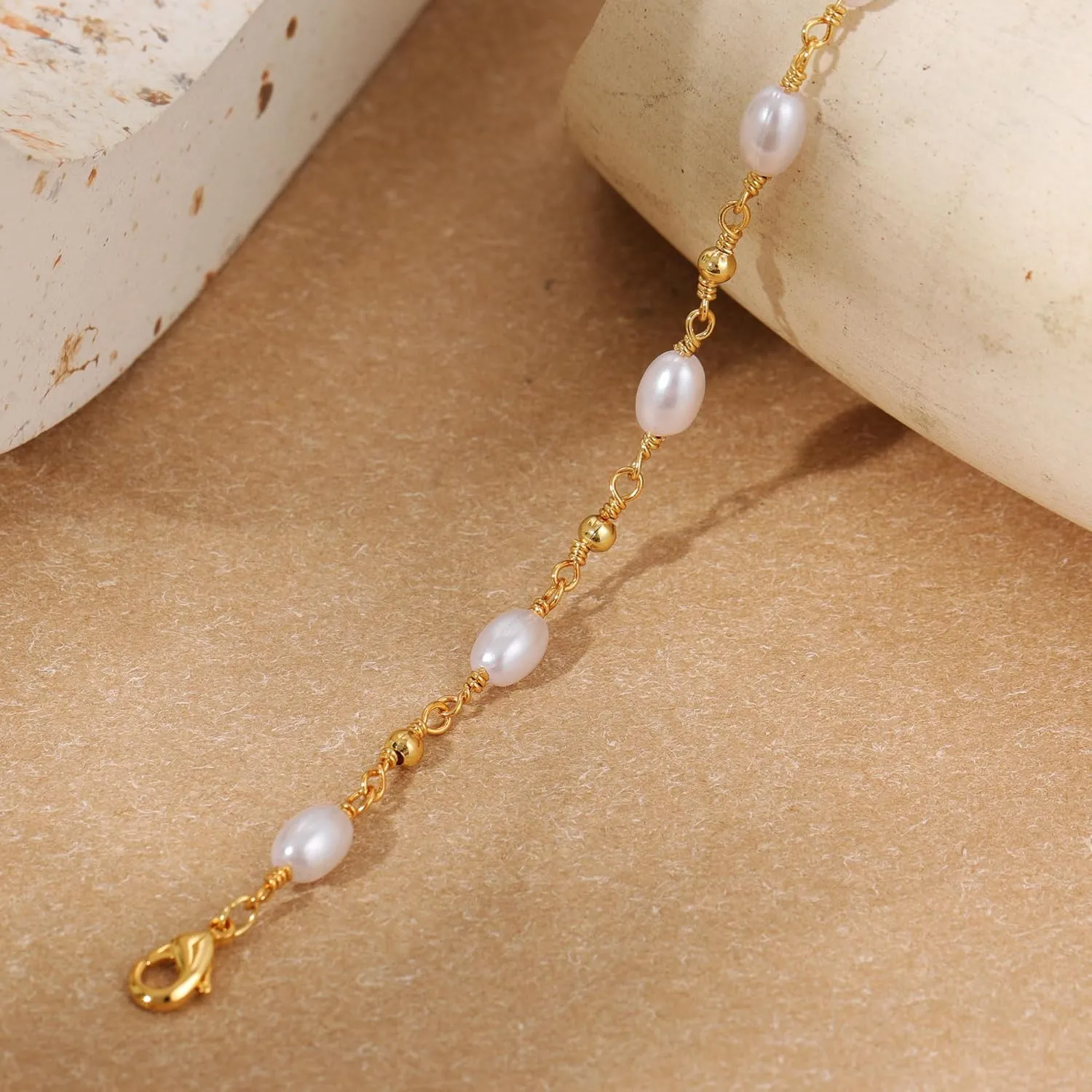 SLOONG Gold Bracelets for Women Trendy, 14K Real Gold Plated Dainty Stackable Pearl Snake Chain CZ Heart Pendant Bracelets, Layered Waterproof Jewelry Gift for Women Adjustable 6" 2"