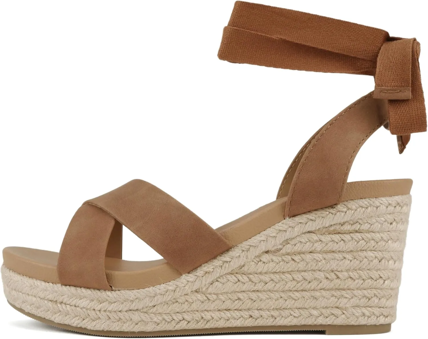 Soda Donnie ~ Women Open Round Toe Crisscross Band Low Heel Espadrille Wedge Sandal with Adjustable Ankle Strap