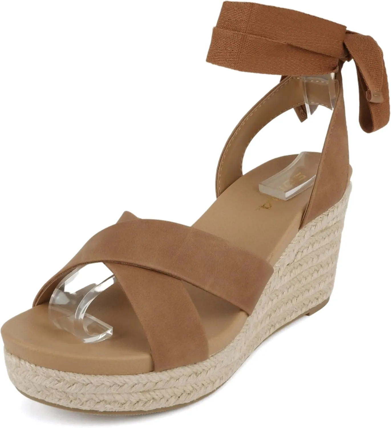 Soda Donnie ~ Women Open Round Toe Crisscross Band Low Heel Espadrille Wedge Sandal with Adjustable Ankle Strap