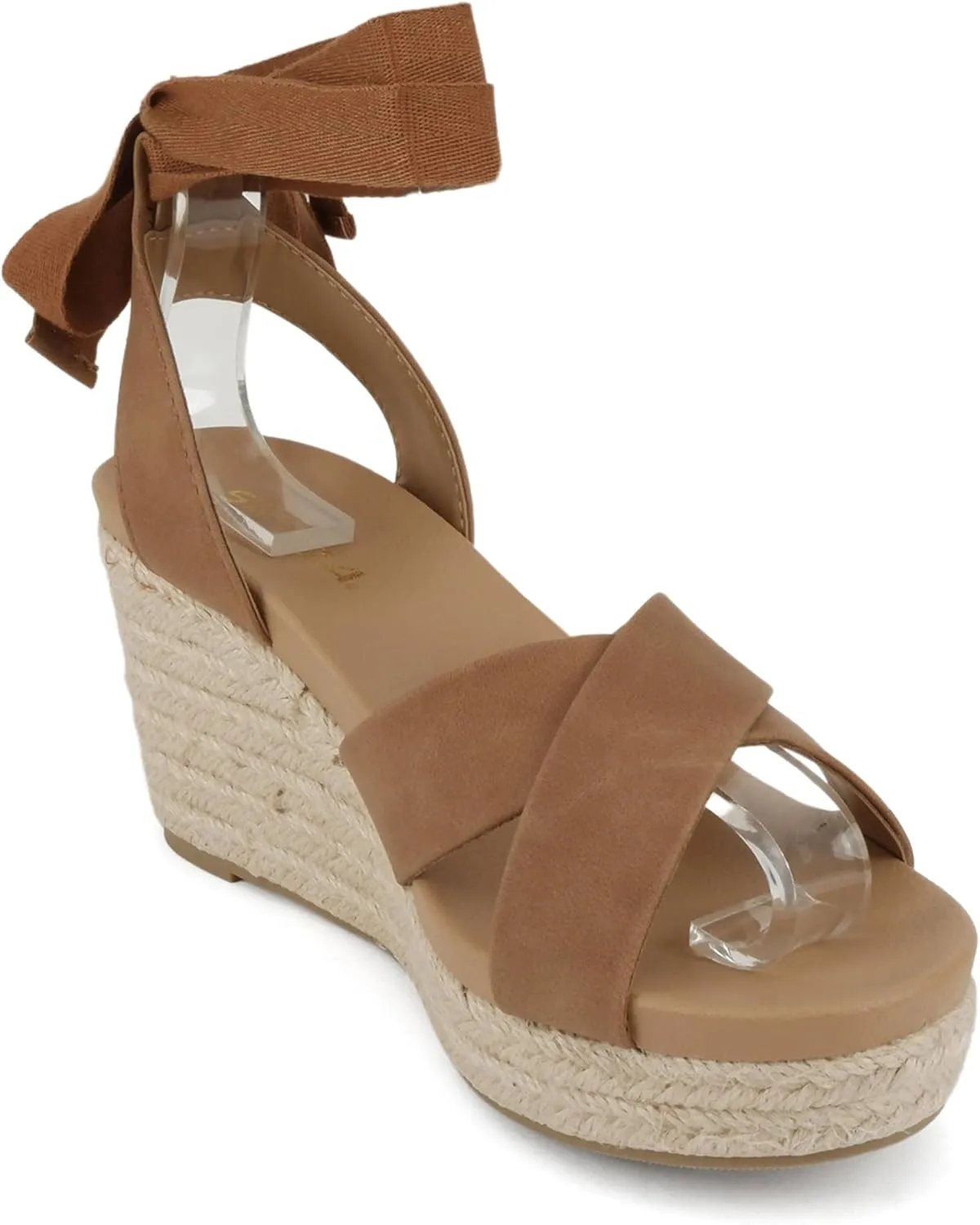 Soda Donnie ~ Women Open Round Toe Crisscross Band Low Heel Espadrille Wedge Sandal with Adjustable Ankle Strap