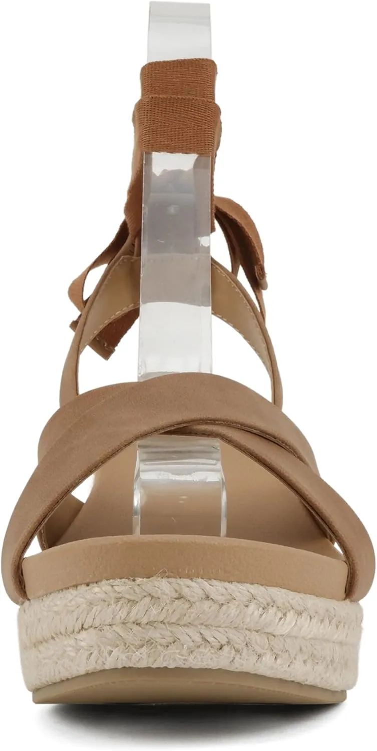 Soda Donnie ~ Women Open Round Toe Crisscross Band Low Heel Espadrille Wedge Sandal with Adjustable Ankle Strap