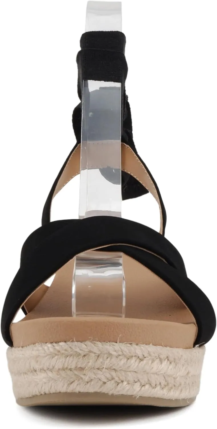 Soda Donnie ~ Women Open Round Toe Crisscross Band Low Heel Espadrille Wedge Sandal with Adjustable Ankle Strap