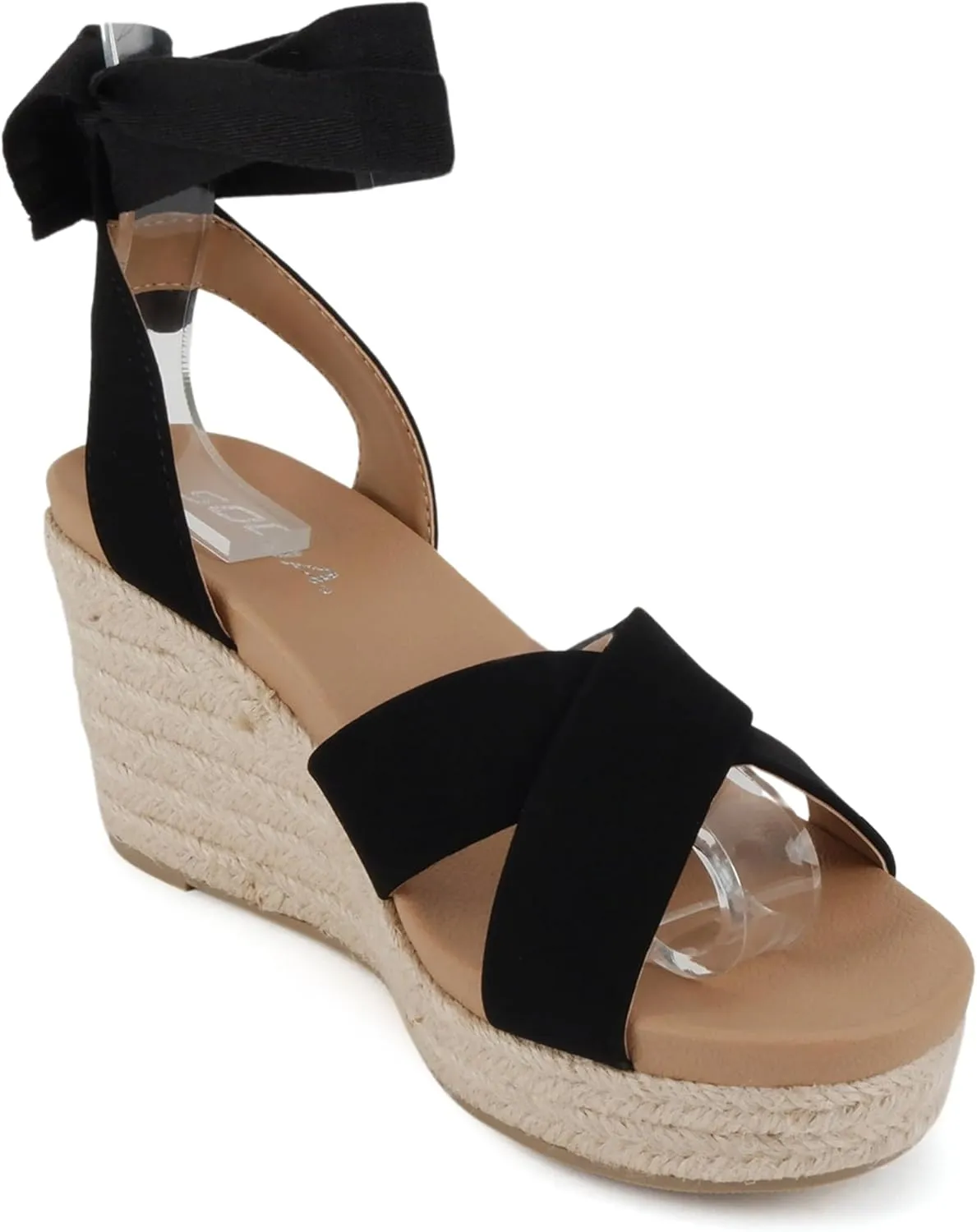Soda Donnie ~ Women Open Round Toe Crisscross Band Low Heel Espadrille Wedge Sandal with Adjustable Ankle Strap