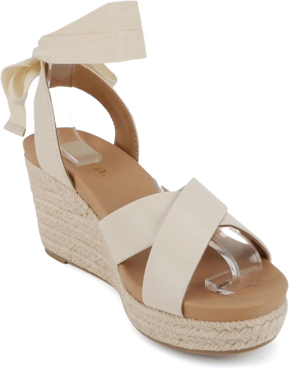 Soda Donnie ~ Women Open Round Toe Crisscross Band Low Heel Espadrille Wedge Sandal with Adjustable Ankle Strap
