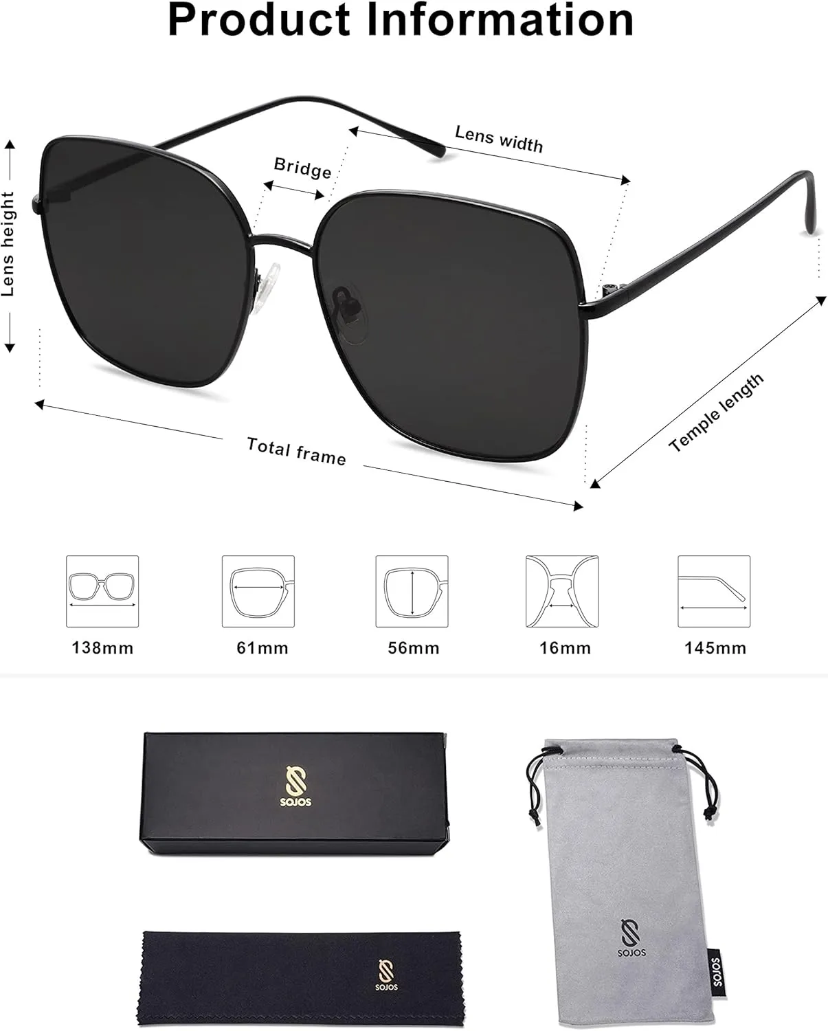 SOJOS Trendy Oversized Square Metal Frame Sunglasses for Women Men Retro Big Flat Lens UV Protection Sunglasses SJ1146