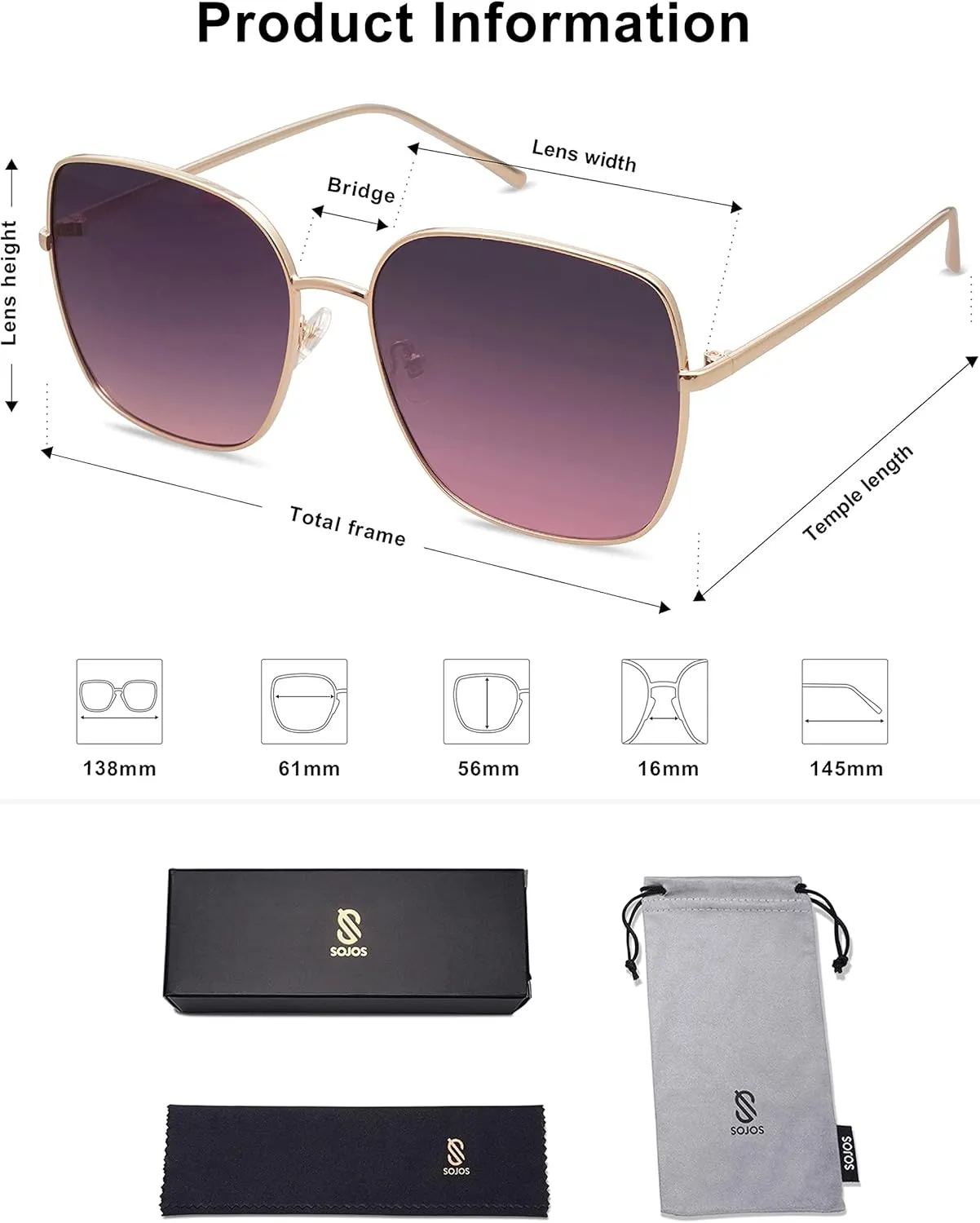 SOJOS Trendy Oversized Square Metal Frame Sunglasses for Women Men Retro Big Flat Lens UV Protection Sunglasses SJ1146