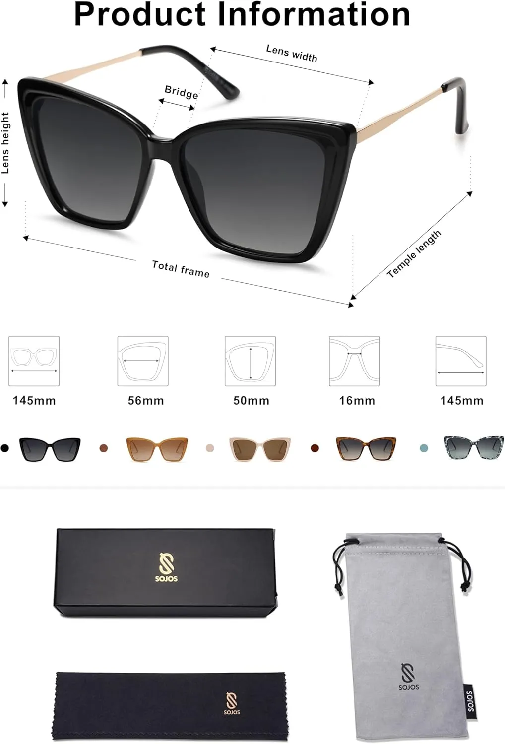 SOJOS Trendy Polarized Sunglasses For Women Retro Womens Oversized Square Cat Eye Sun Glasses UV Protection SJ2206