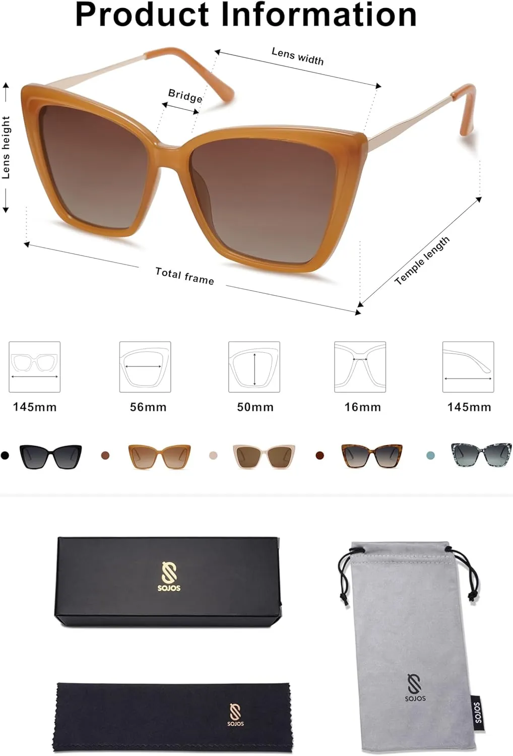 SOJOS Trendy Polarized Sunglasses For Women Retro Womens Oversized Square Cat Eye Sun Glasses UV Protection SJ2206