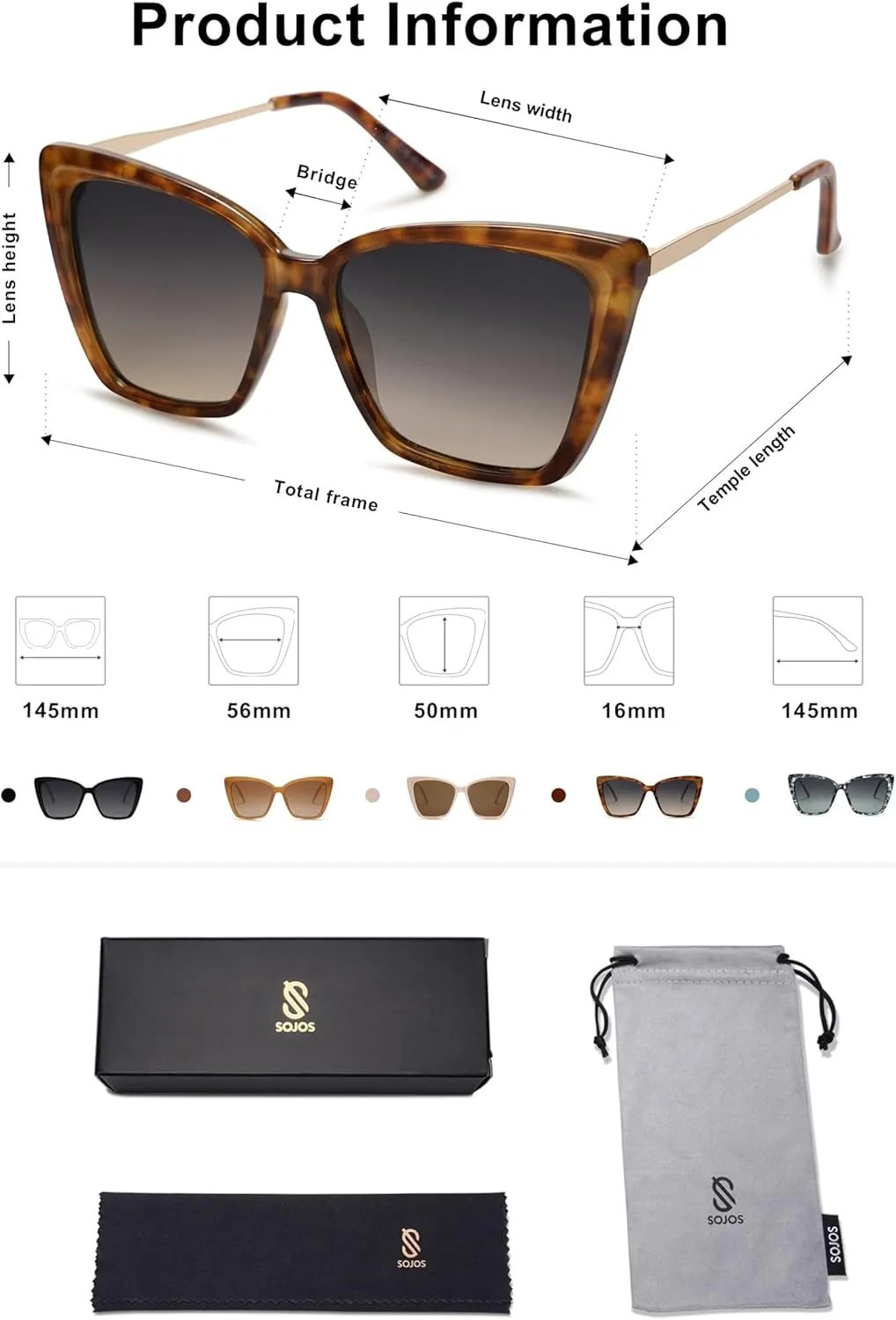 SOJOS Trendy Polarized Sunglasses For Women Retro Womens Oversized Square Cat Eye Sun Glasses UV Protection SJ2206