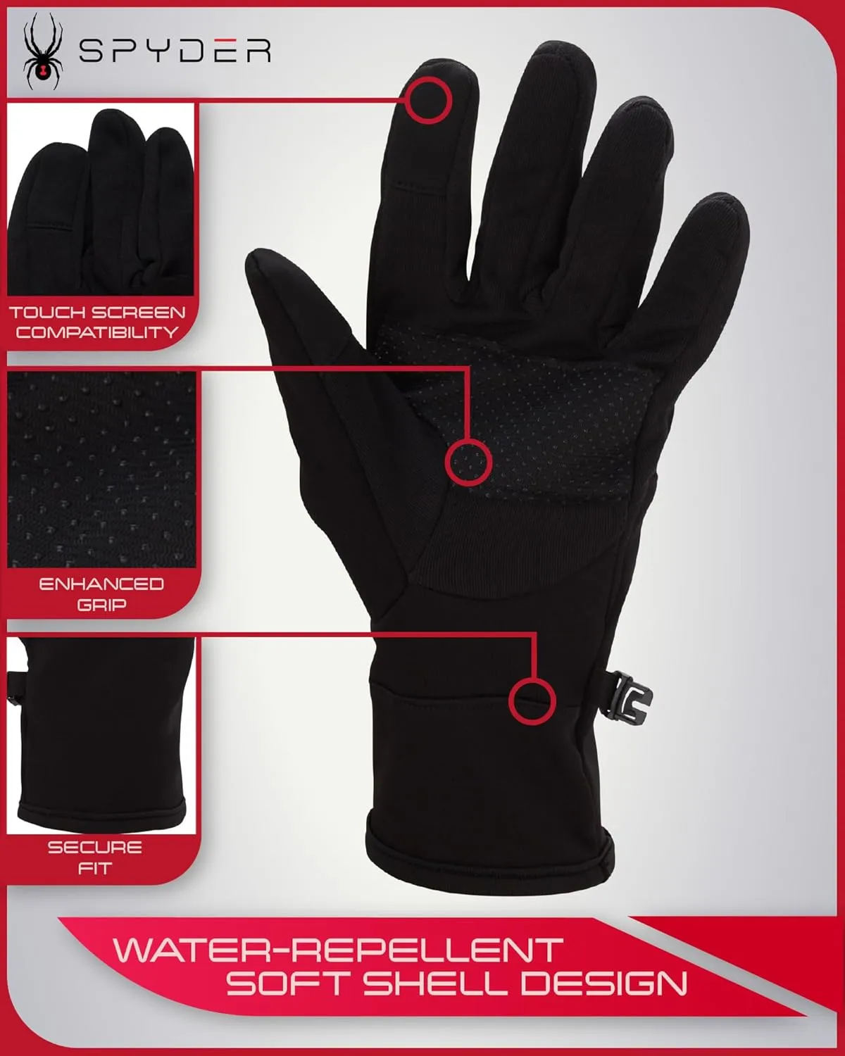 Spyder Women's Winter Gloves - Water Repellent Warm Softshell Ski Gloves with Gripper Palms and Secure Snap Buckle (S-XL)