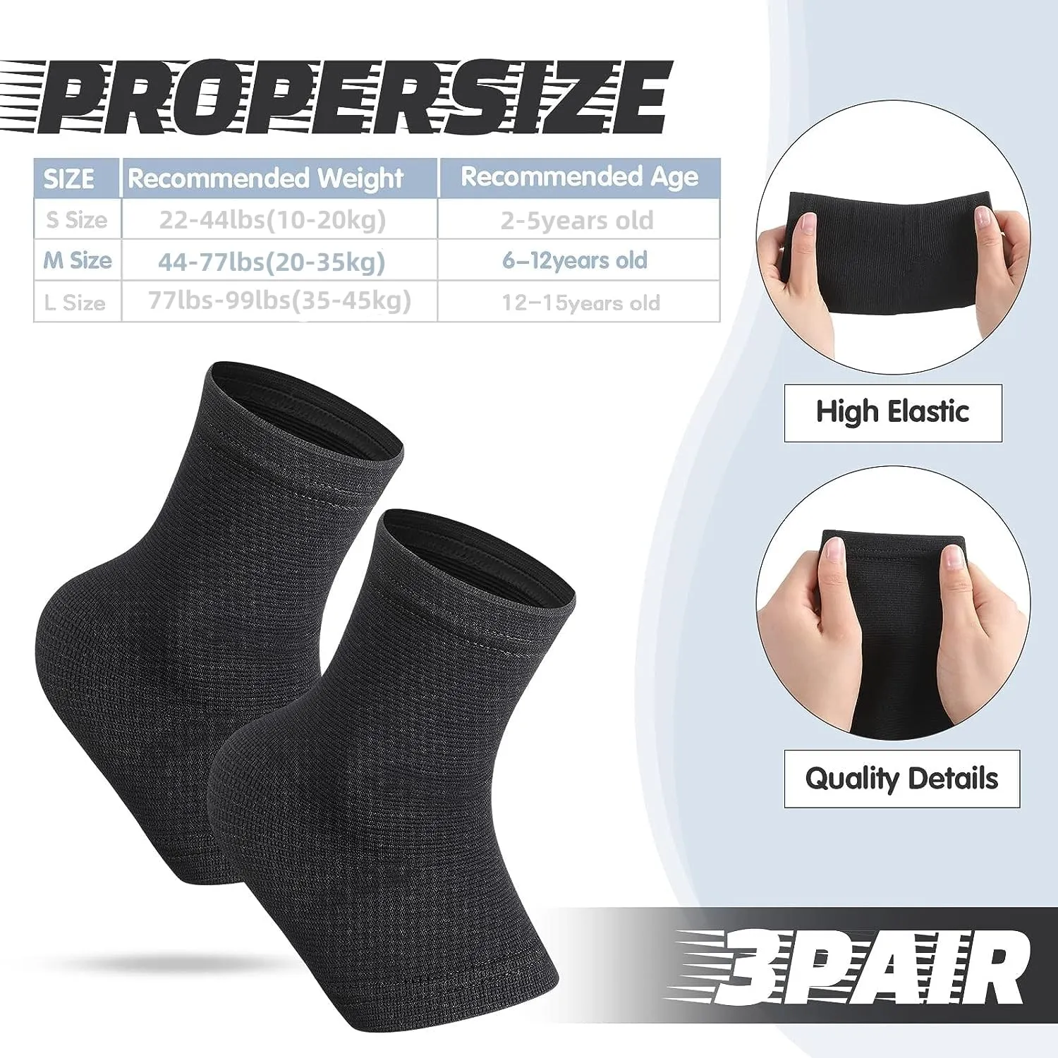 Tarpop 3 Pair Ankle Compression Sleeves for Kids Ankle Brace Compression Sleeves Foot Arch Support Sock for Girls Sports Running Dance Fitness Gymnastics(Black,Medium)