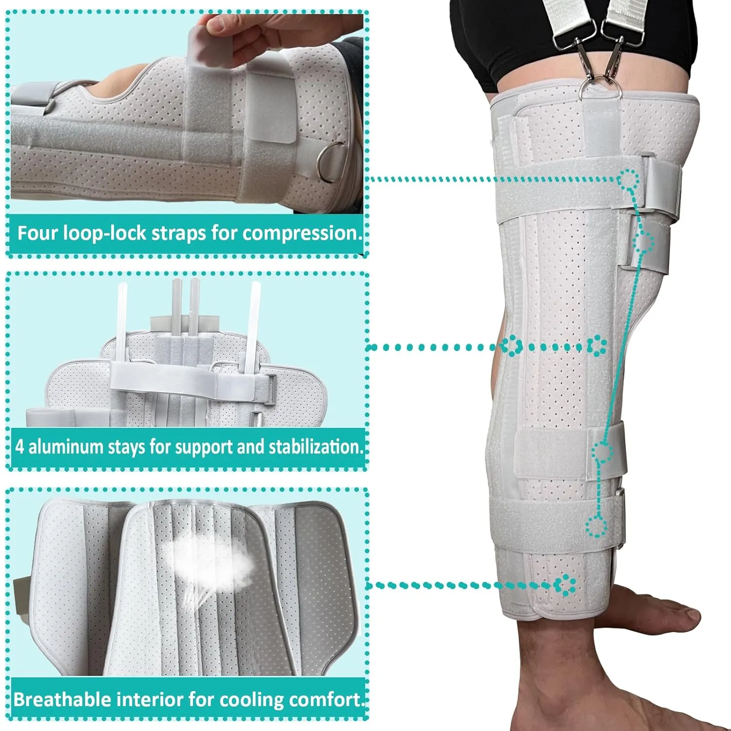 Three-Panel Knee Immobilizer & Knee Stabilizer - Leg Support Splint for Knee Pre-and Postoperative Injuries & Instabilities - Straight Leg Brace with Shoulder Strap to Prevent Sliding (18")