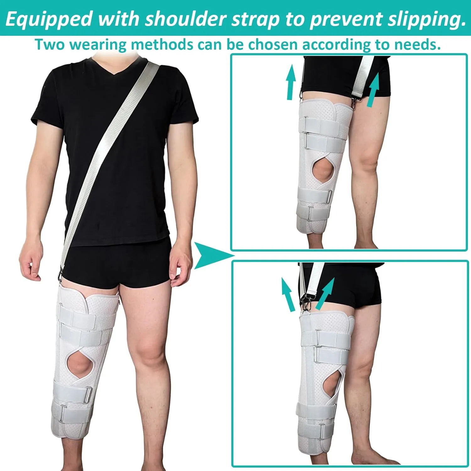 Three-Panel Knee Immobilizer & Knee Stabilizer - Leg Support Splint for Knee Pre-and Postoperative Injuries & Instabilities - Straight Leg Brace with Shoulder Strap to Prevent Sliding (18")