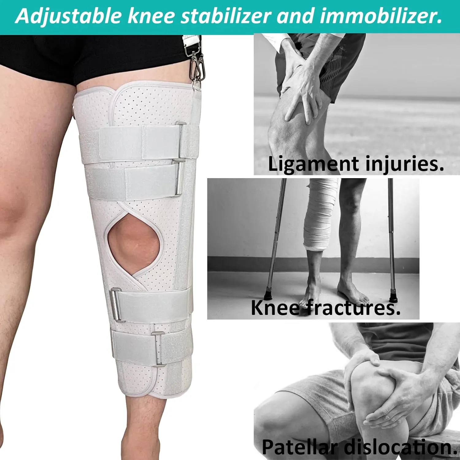 Three-Panel Knee Immobilizer & Knee Stabilizer - Leg Support Splint for Knee Pre-and Postoperative Injuries & Instabilities - Straight Leg Brace with Shoulder Strap to Prevent Sliding (18")