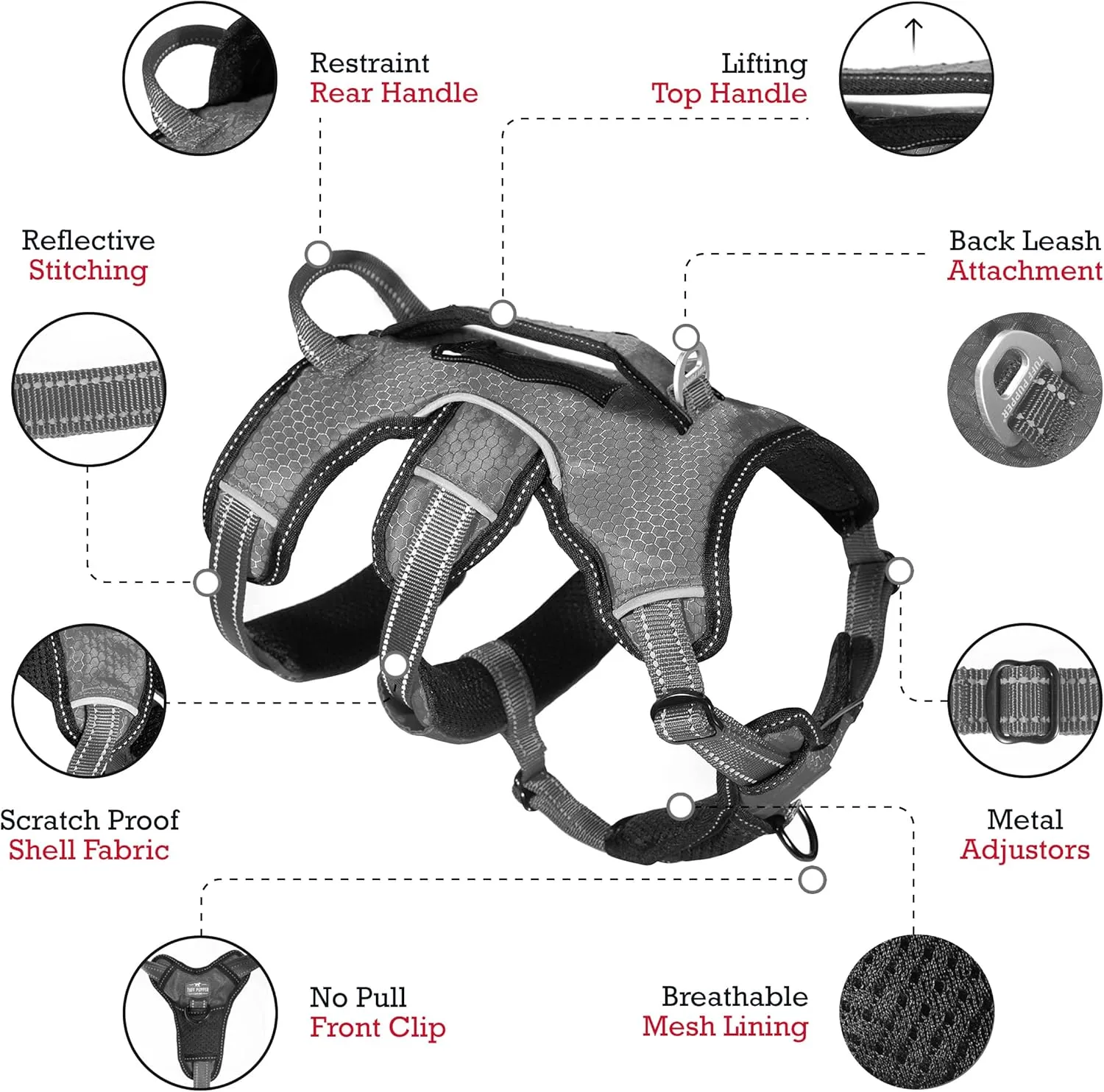 Tuff Pupper Escape Proof No Escape Dog Harness | 5 Point Adjustable Fit Harness for Dogs | Padded Dog Harnesses | Handle Dog Lift Harnesses